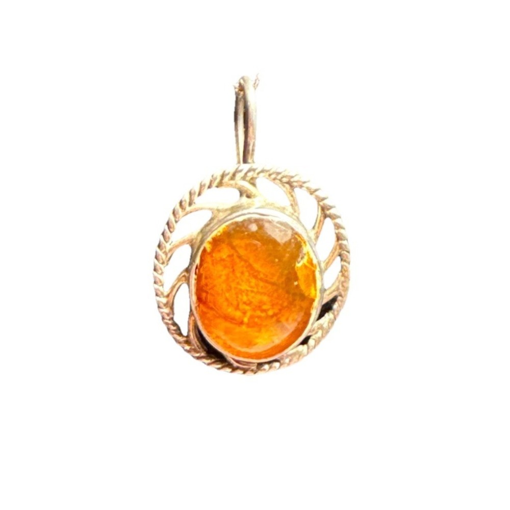 Vintage STERLING SILVER 925 Chain Necklace AMBER Oval Silver 925 wrapped Pendant